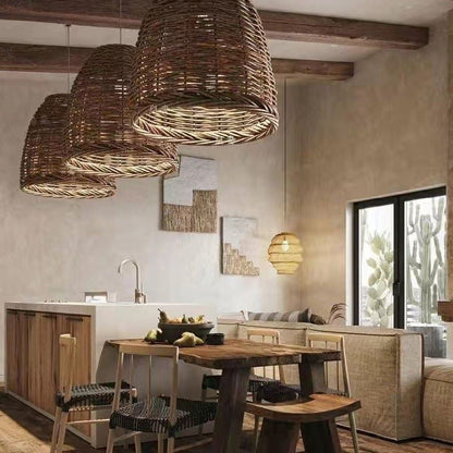 Handwoven Rattan Dome Pendant Light for Dining Room and Bedroom – Natural Brown Finish – E27 Socket – Adjustable Cord Ceiling Fixture