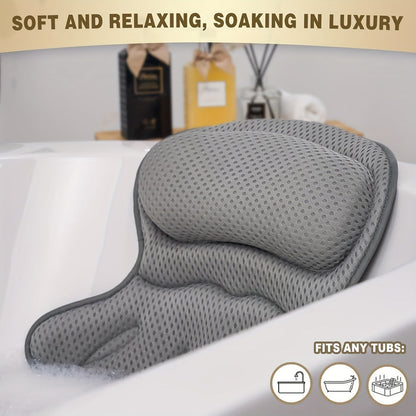 Spa Bath Pillow with Neck and Back Support – 4D Air Mesh Cushion with Suction Cups for Bathtub Relaxation