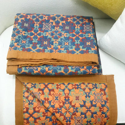 Six-Layer Cotton Quilt Reversible Lightweight Blanket Orange Blue Geometric Pattern for Year-Round Comfort Bedroom Guest Room