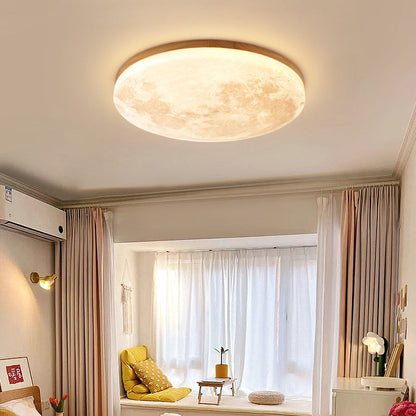 Circular LED Flush Mount Ceiling Light Wood Trim Acrylic Diffuser Hardwired Low Profile for Bedroom Hallway Kitchen Dining Room Entryway