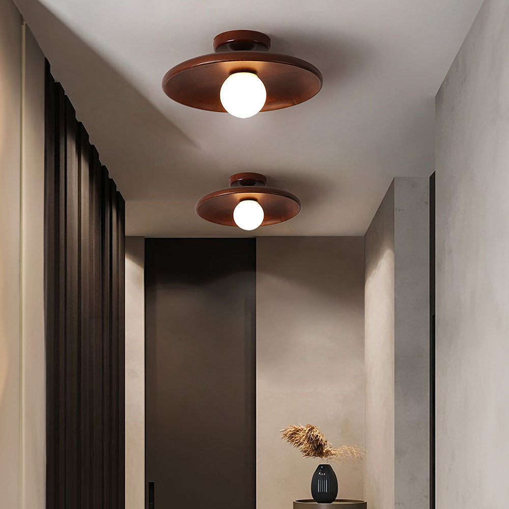 Wooden Globe LED Flush Mount Light 6 in Height Warm Glow for Bedroom Hallway Low Ceiling Compact Modern Nordic Style Natural Timber Finish A
