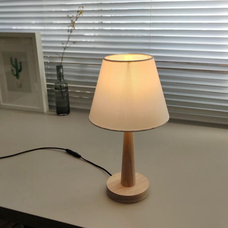 Solid Wood Table Lamp with Fabric Shade E26 Plug-In for Bedroom Living Room Study