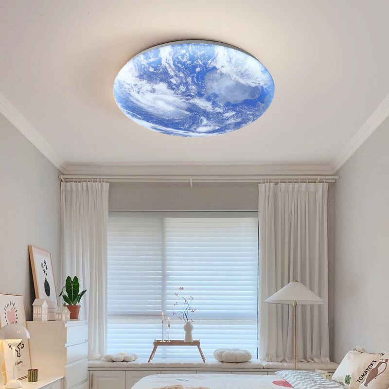 Round Flush Mount LED Fixture Moon Surface Wood & Acrylic 19 in Diameter Low Profile for Bedroom Living Room Hallway Ambient Lighting Japand