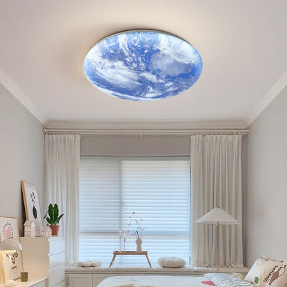 Round Flush Mount LED Fixture Moon Surface Wood & Acrylic 19 in Diameter Low Profile for Bedroom Living Room Hallway Ambient Lighting Japand
