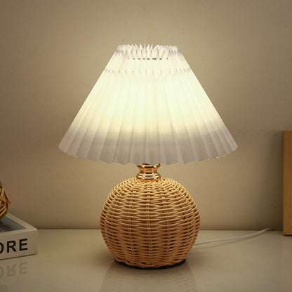 Nordic Rattan Table Lamp with Fabric Shade, USB Powered & Infinitely Dimmable LED Light for Bedroom, Living Room, Study