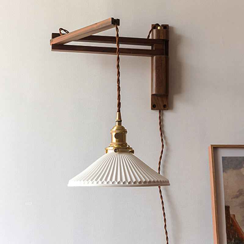 Extending Wall Sconce with Ribbed Glass Shade and Wood Arm for Bedroom, Living Room & Hallway Reading Light