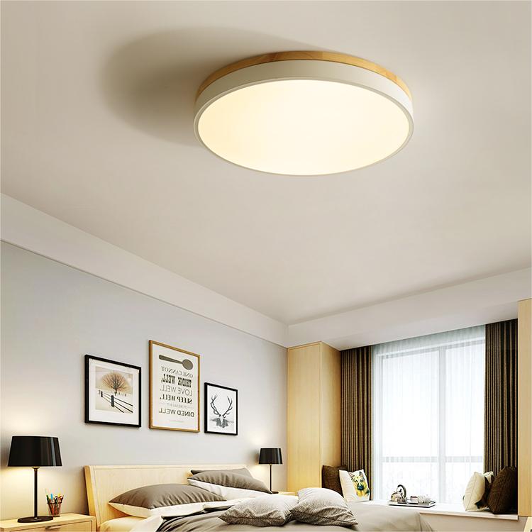 Round Wood Flush Mount LED Ceiling Light 3-Color Dimmable Scandinavian Style for Living Room Bedroom Kitchen
