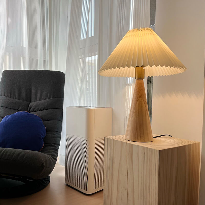 Wooden Bedside Lamp with Pleated Shade 14 in Dimmable Fabric Accent Light for Bedroom Living Room Reading Nook Japandi Scandinavian Decor