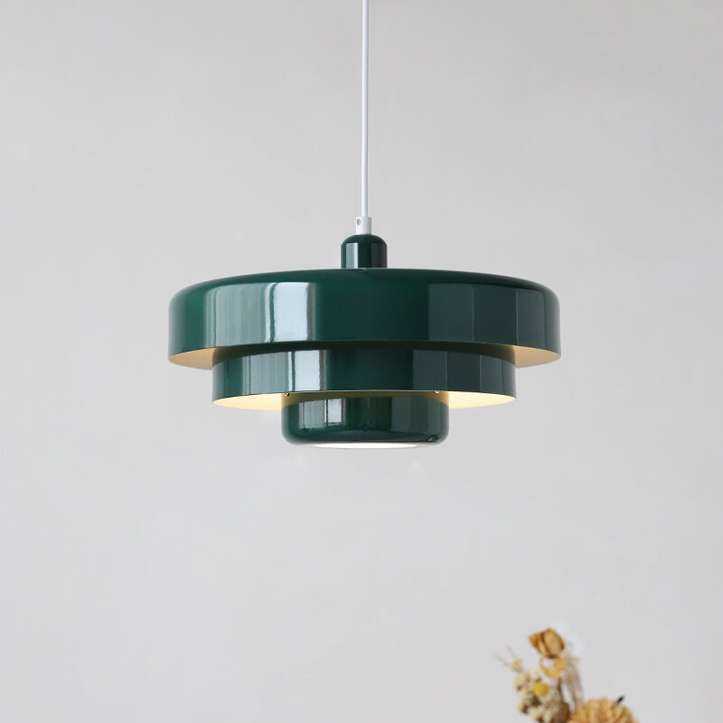 Hanging Ceiling Light Fixture for Kitchen Island Dining Room 14-Inch Round Tiered Metal Shade E26 Socket Adjustable Cord Modern Vintage Styl