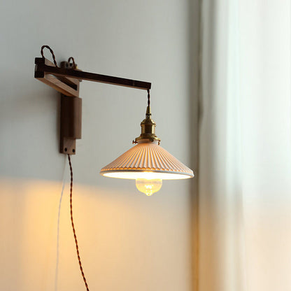 Swing Arm Ceramic Wall Sconce with Wood Bracket and Knob Switch for Bedroom Hallway Reading Nook Vintage Plug-In Lighting