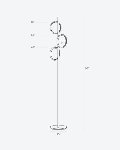 Triple-Ring LED Floor Lamp with Dimmer – 66" Tall Standing Light for Bedroom & Living Areas – Gold Metal Reading Lamp