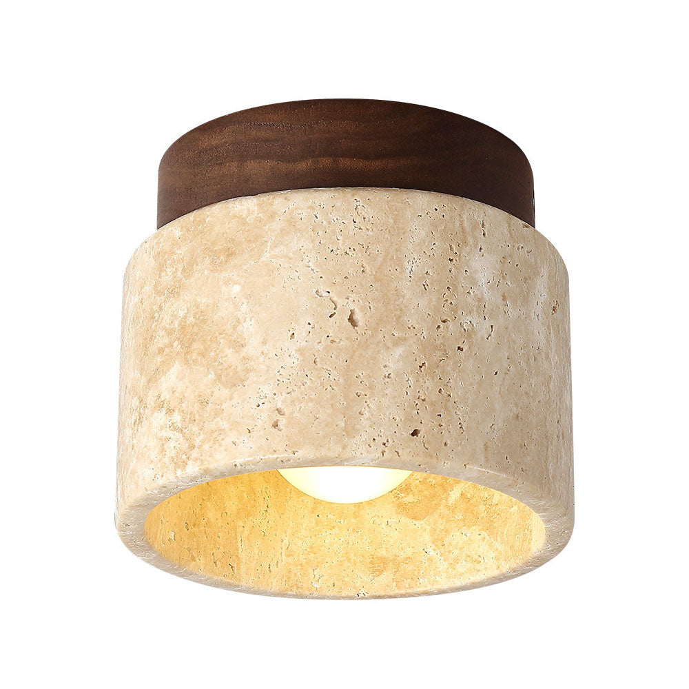 Natural Stone Flush Mount Light with Wooden Accent E26 Base for Bedroom Entryway Living Space Low-Profile Fixture Ambient Overhead Lighting