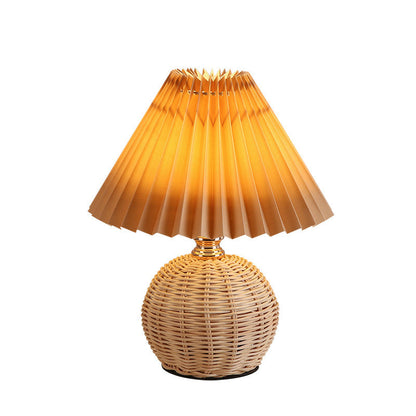 Nordic Rattan Table Lamp with Fabric Shade, USB Powered & Infinitely Dimmable LED Light for Bedroom, Living Room, Study