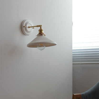 Handcrafted Porcelain Shade Brass Wall Light Fixture Single Bulb Hardwired Sconce for Bedroom Hallway Entryway Vintage Home Decor