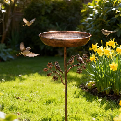 Metal Bird Bath on Garden Stake with Vintage Copper-Tone Finish for Yard & Patio, Easy Assembly Outdoor Birdbath Bowl for Songbirds