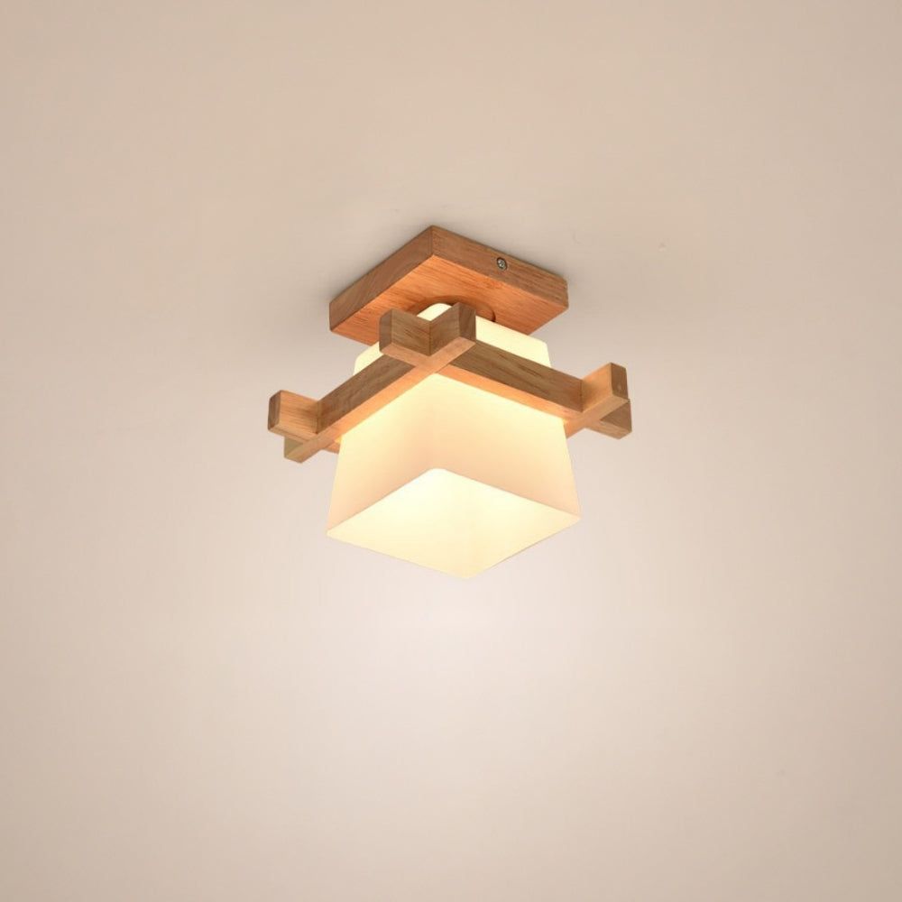 Square Flush Mount Overhead Light Fixture E27 Socket 7.9 Inch White Wood Accent for Bedroom Hallway Living Room Minimalist Scandinavian Mode