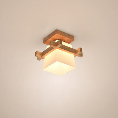 Square Flush Mount Overhead Light Fixture E27 Socket 7.9 Inch White Wood Accent for Bedroom Hallway Living Room Minimalist Scandinavian Mode