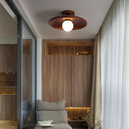 Wooden Globe LED Flush Mount Light 6 in Height Warm Glow for Bedroom Hallway Low Ceiling Compact Modern Nordic Style Natural Timber Finish A
