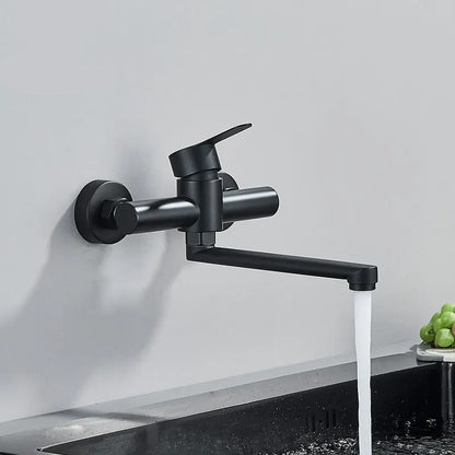 Wall-Mount Dual-Handle Mixer Tap with Rotating Spout for Kitchen Sink Bathroom Utility Room Laundry Modern Two-Lever Fixture Chrome