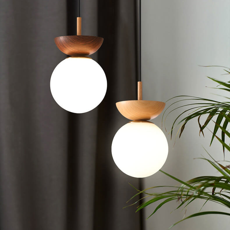 Globe Glass Ceiling Light with Wood Grain Finish – Modern Flush Mount & Pendant Option for Living Room, Bedroom, Hallway – E14 Socket