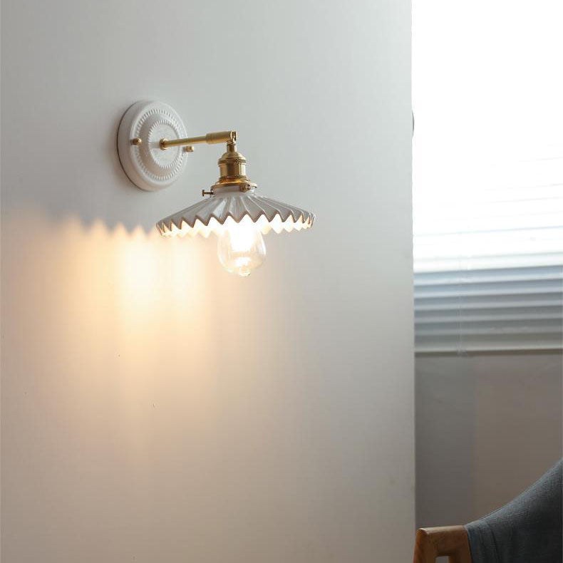 Handcrafted Porcelain Shade Brass Wall Light Fixture Single Bulb Hardwired Sconce for Bedroom Hallway Entryway Vintage Home Decor