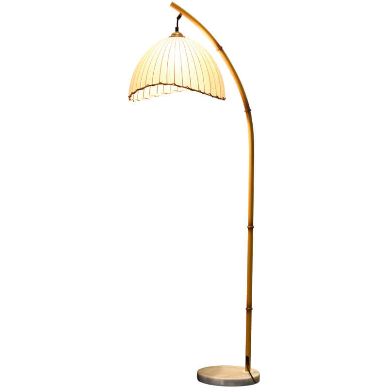 Arched Standing Lamp with Pleated Shade 63 in Natural Finish White Fabric Dimmable Ambient Lighting for Bedroom Living Room Modern Retro Des