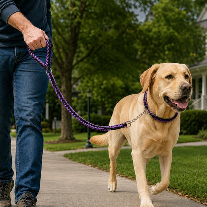 Ortekor Heavy-Duty Braided Dog Leash with Chain-Control Collar for Strong Pullers - Daily Walking & Training