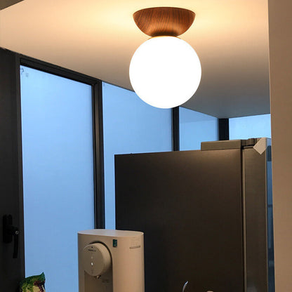 Globe Glass Ceiling Light with Wood Grain Finish – Modern Flush Mount & Pendant Option for Living Room, Bedroom, Hallway – E14 Socket