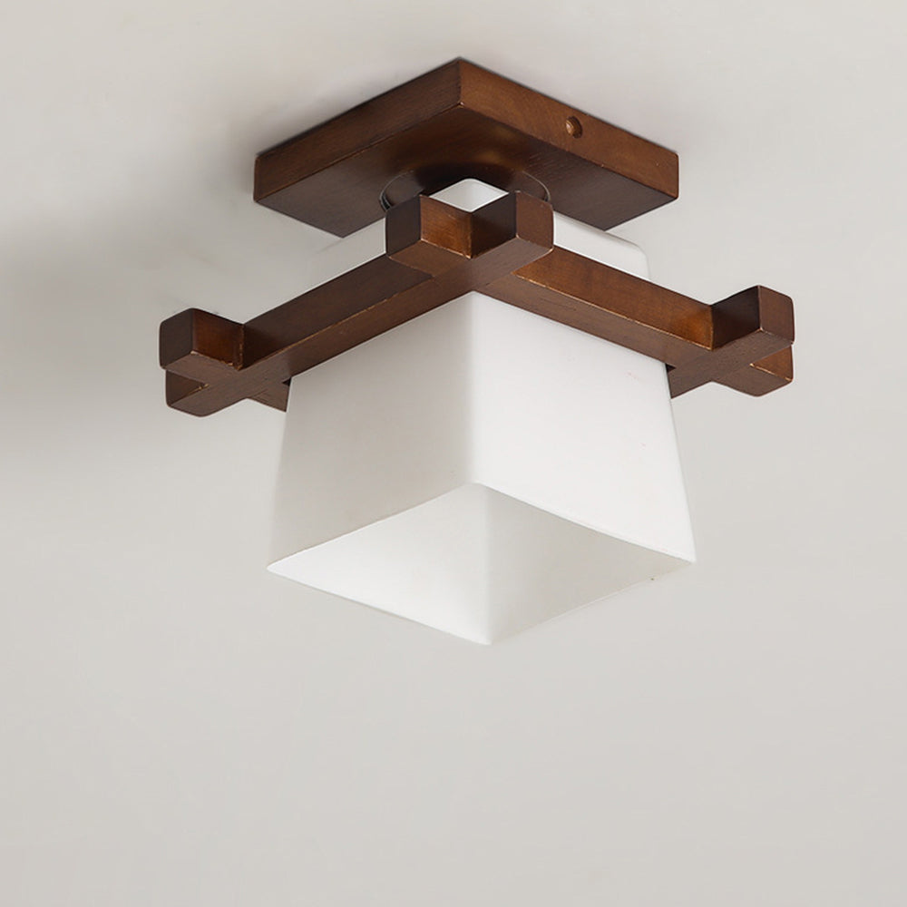 Square Flush Mount Overhead Light Fixture E27 Socket 7.9 Inch White Wood Accent for Bedroom Hallway Living Room Minimalist Scandinavian Mode