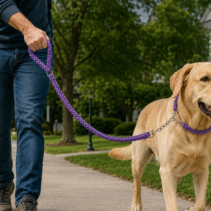 Ortekor Heavy-Duty Braided Dog Leash with Chain-Control Collar for Strong Pullers - Daily Walking & Training