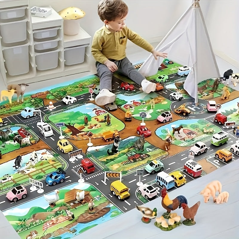 Kids Activity Floor Mat 39 x 51 Inches Woven Non-Slip Farm Road Design for Playrooms Bedrooms Nursery Interactive Rug