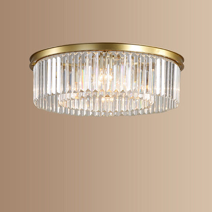 Flush Mount Fixture with Sparkling Accents 16 Inch Brushed Brass Metal Frame Crystal Drops for Entryway Dining Room Bedroom Den Four Bulb So