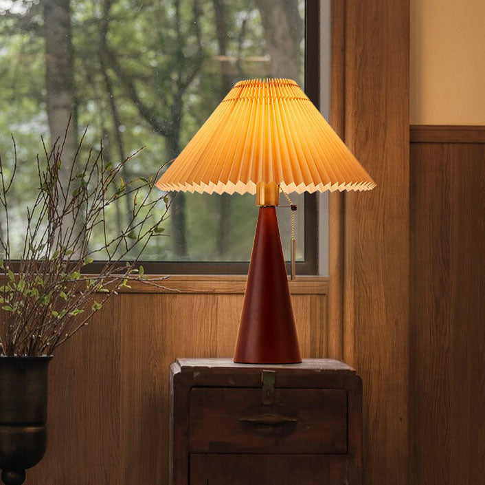Wooden Bedside Lamp with Pleated Shade 14 in Dimmable Fabric Accent Light for Bedroom Living Room Reading Nook Japandi Scandinavian Decor