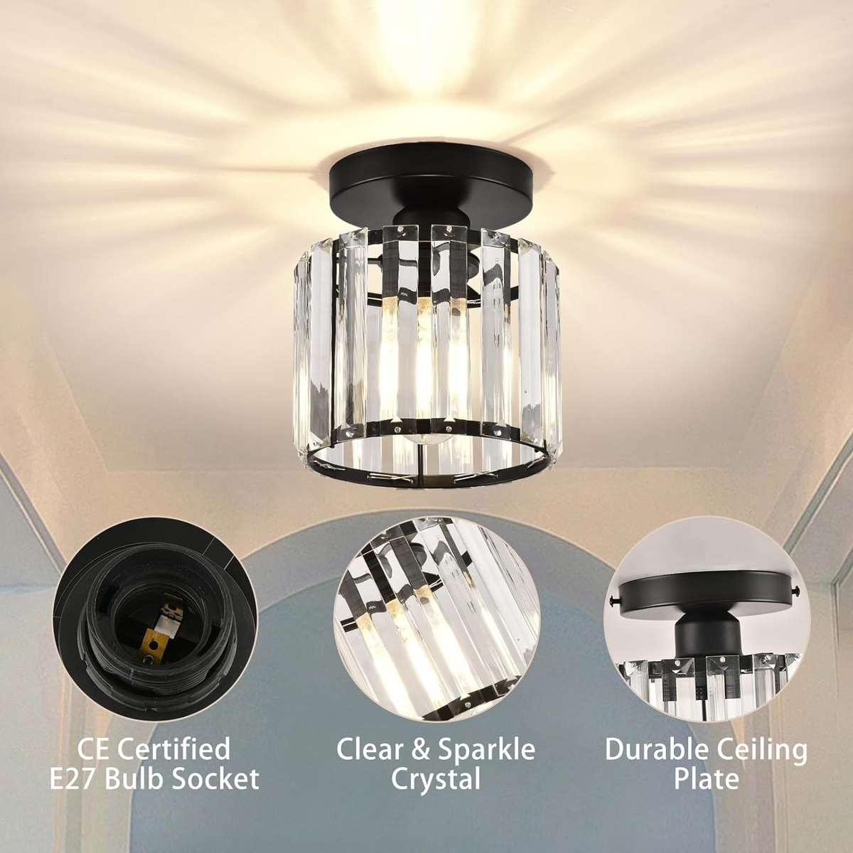 Decorative Flush Mount Light Fixture with Glass Cube and Metal Accents E27 Socket for Entryway Bedroom Small Room Ambient Overhead Lighting