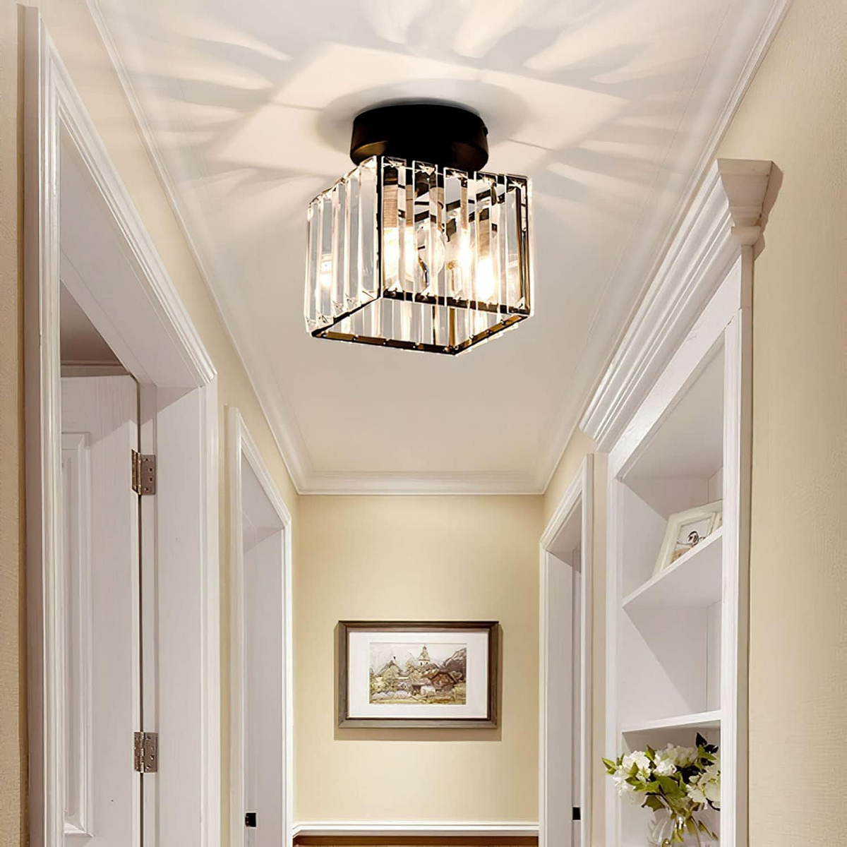 Cube Crystal Flush Mount Ceiling Light with Brass Frame 10 Inch for Bedroom Hallway Entryway Living Room Office Modern Home Lighting Fixture
