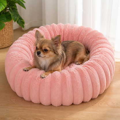 Ortekor Long-Pile Plush & Insulated Round Dog Bed (For Small Dogs & Cats)