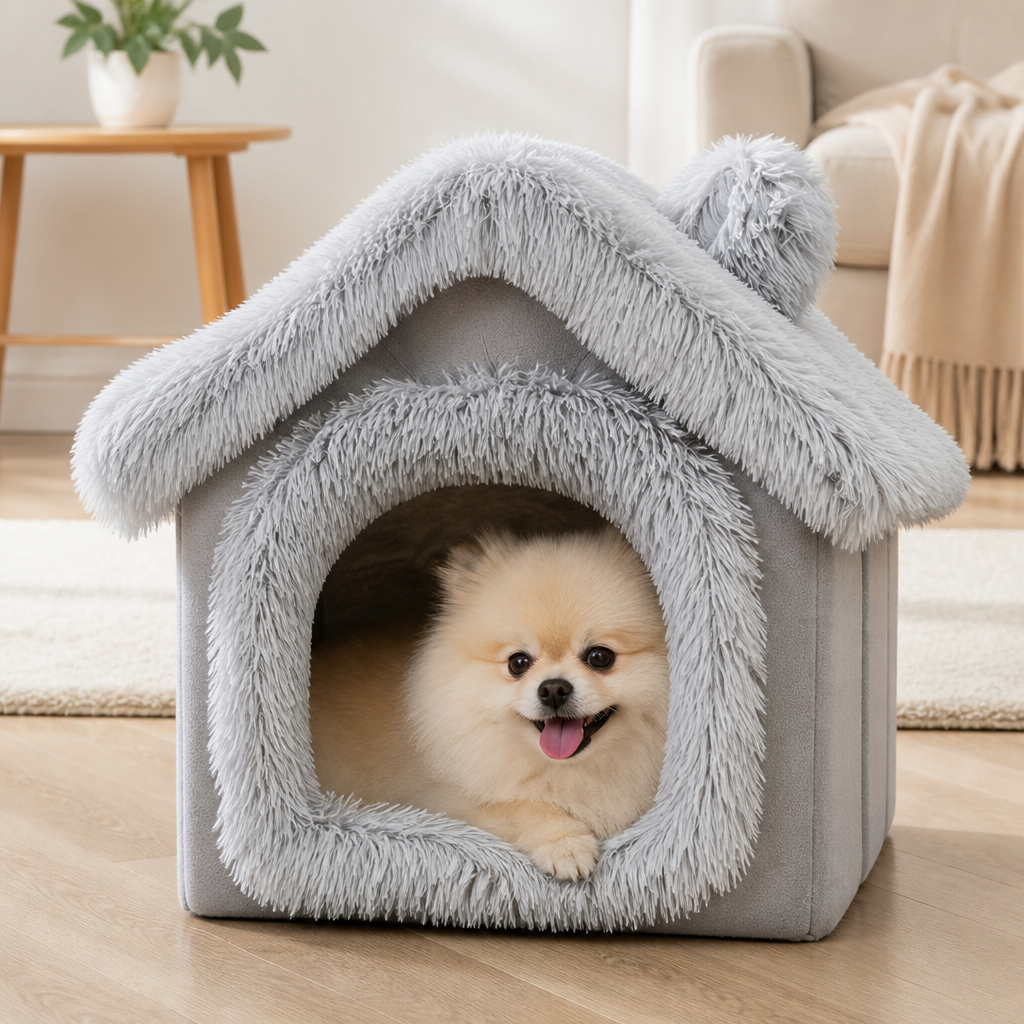 Ortekor Semi-Enclosed Plush Cat Bed (Removable Non-Slip Base)