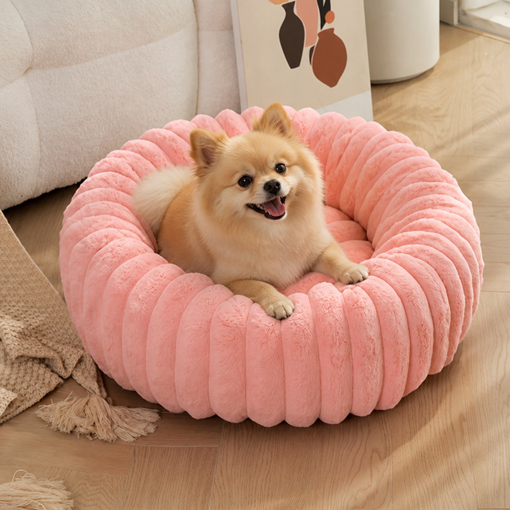 Ortekor Long-Pile Plush & Insulated Round Dog Bed (For Small Dogs & Cats)