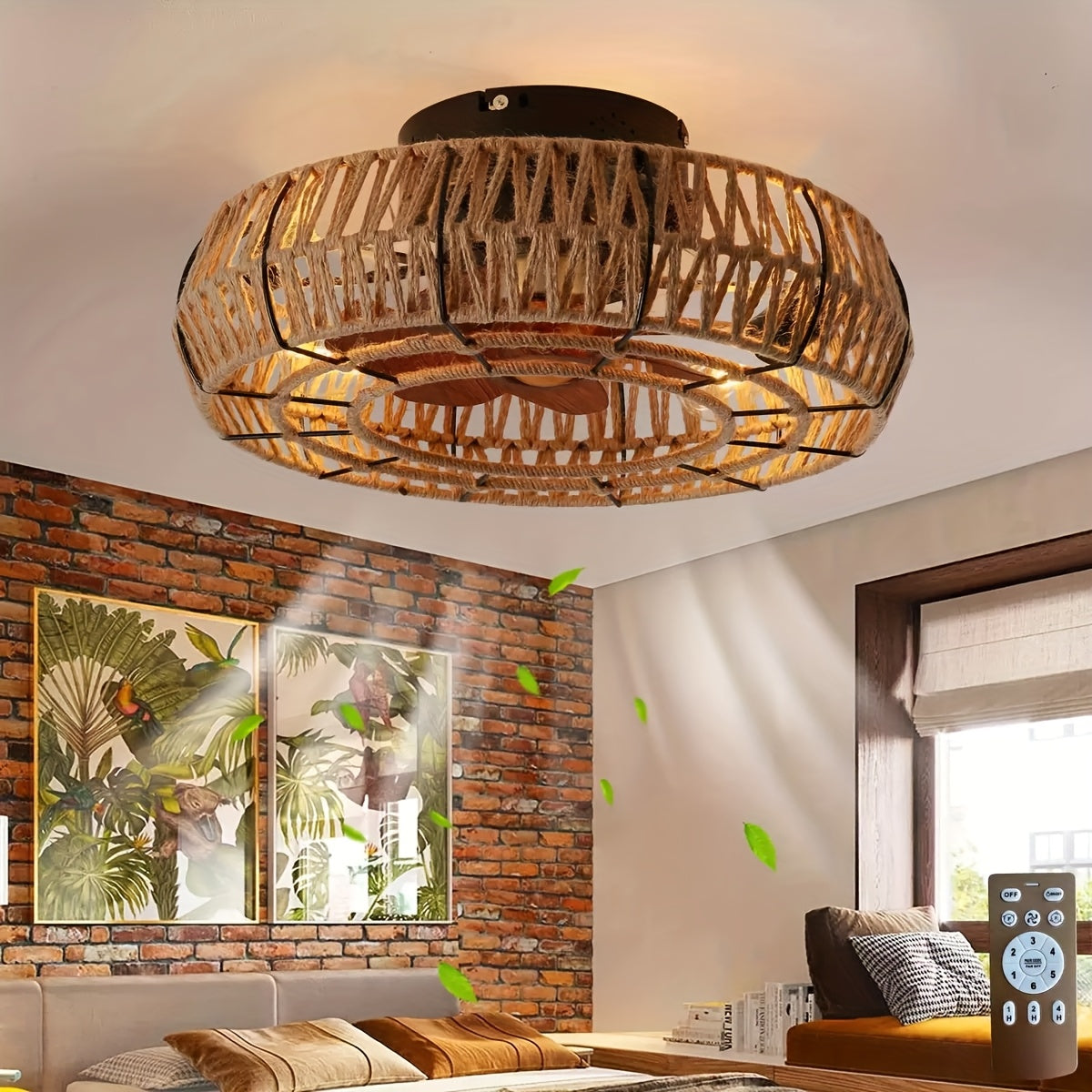 Handwoven Rattan Ceiling Fan with Integrated Light – Zen Style for Living Room, Bedroom & Dining Room