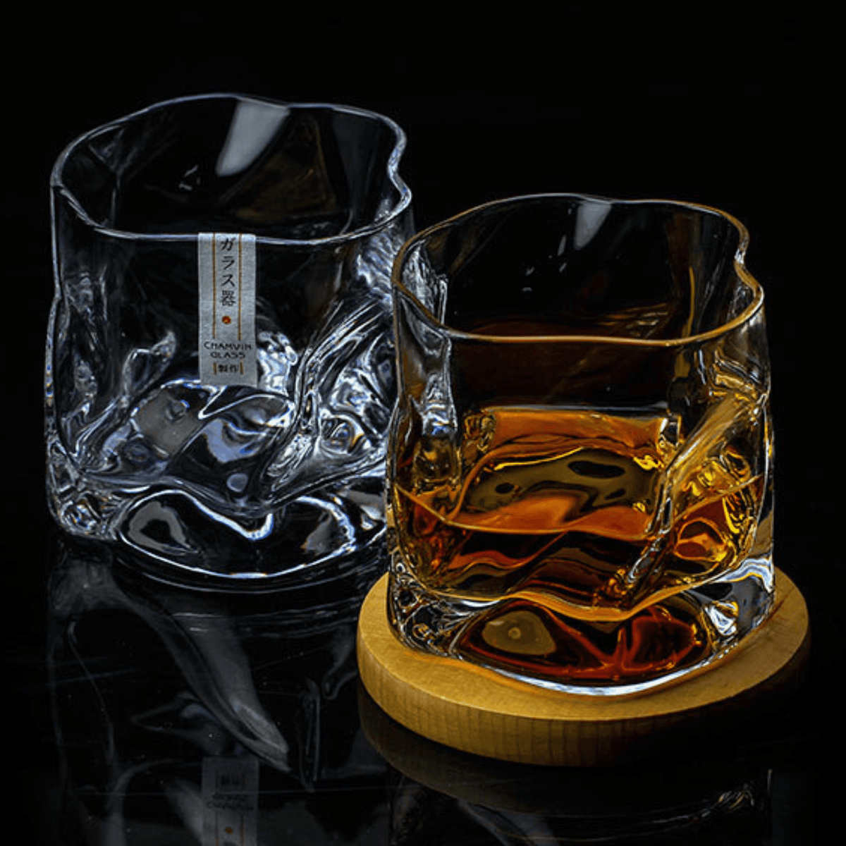 Hand-Cut Crystal Rocks Glass with Textured Facets for Bourbon Scotch & Spirits in Wood Box for Collectors