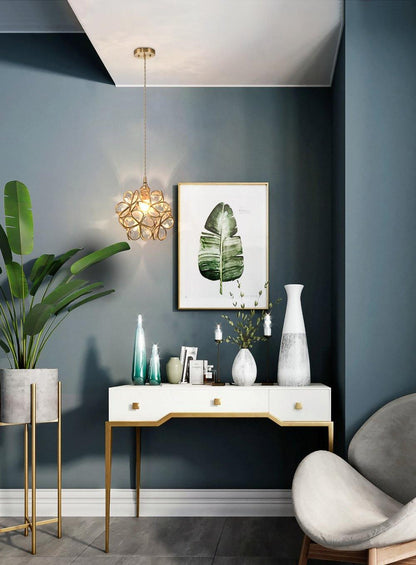 Glass Shade Hanging Fixture 8-Inch Brass Finish Ceiling Light for Kitchen Dining Room Entryway Hardwired with Adjustable Cable