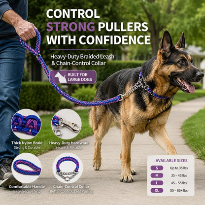 Ortekor Heavy-Duty Braided Dog Leash with Chain-Control Collar for Strong Pullers - Daily Walking & Training