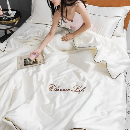 Elegant Silk Cooling Blanket with Embroidery | Lightweight and Breathable for Comfortable Summer Nights