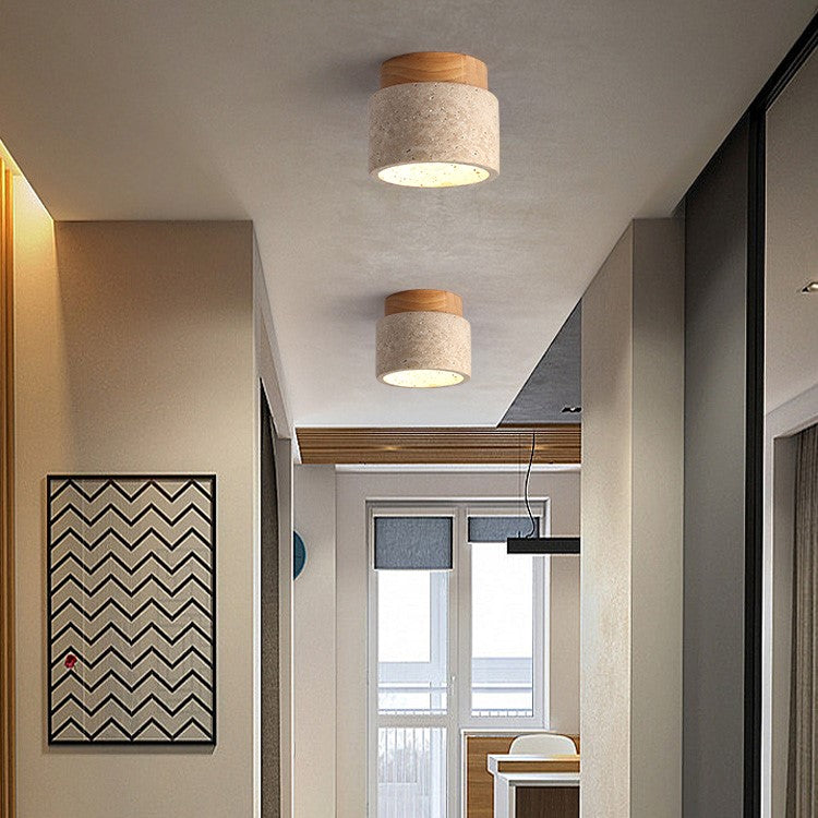 Natural Stone Flush Mount Light with Wooden Accent E26 Base for Bedroom Entryway Living Space Low-Profile Fixture Ambient Overhead Lighting