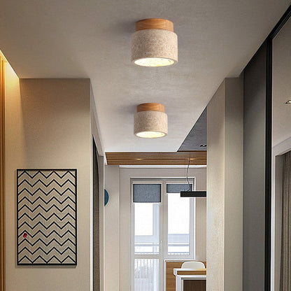 Natural Stone Flush Mount Light with Wooden Accent E26 Base for Bedroom Entryway Living Space Low-Profile Fixture Ambient Overhead Lighting