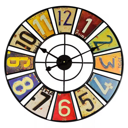 Vintage Industrial Wall Clock with Colorful Number Plates – 24 Inch Retro Metal Clock for Indoor & Outdoor – Silent Quartz Movement