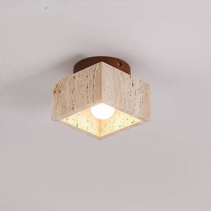 Flush Mount Stone & Wood Light Fixture 10 in Round Natural Beige for Low Ceilings Bedroom Entryway Cozy Overhead Lighting E26 Base