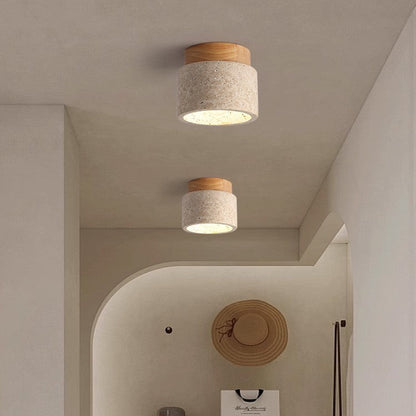 Flush Mount Stone & Wood Light Fixture 10 in Round Natural Beige for Low Ceilings Bedroom Entryway Cozy Overhead Lighting E26 Base