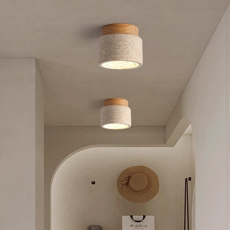 Natural Stone Flush Mount Light with Wooden Accent E26 Base for Bedroom Entryway Living Space Low-Profile Fixture Ambient Overhead Lighting