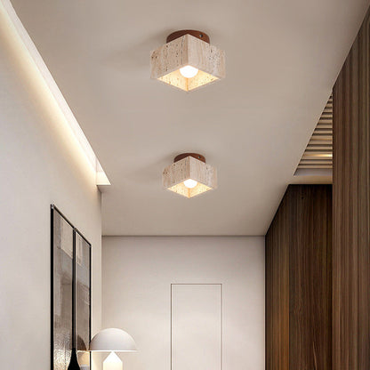 Natural Stone Flush Mount Light with Wooden Accent E26 Base for Bedroom Entryway Living Space Low-Profile Fixture Ambient Overhead Lighting
